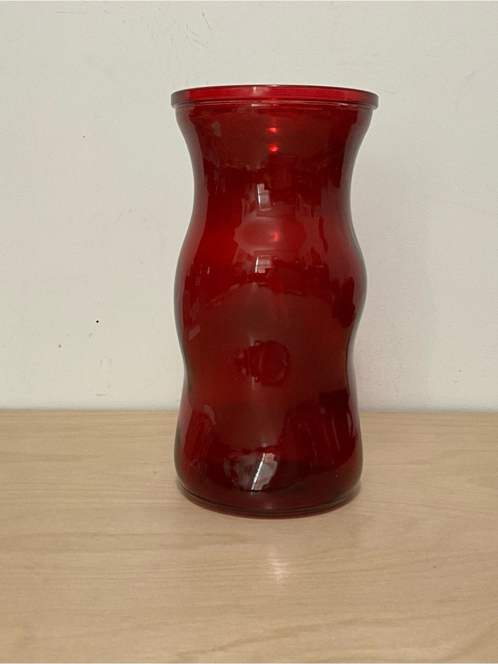 Ruby Red Wide Mouth Glass Vase 8.25”Tall Hourglass Shape